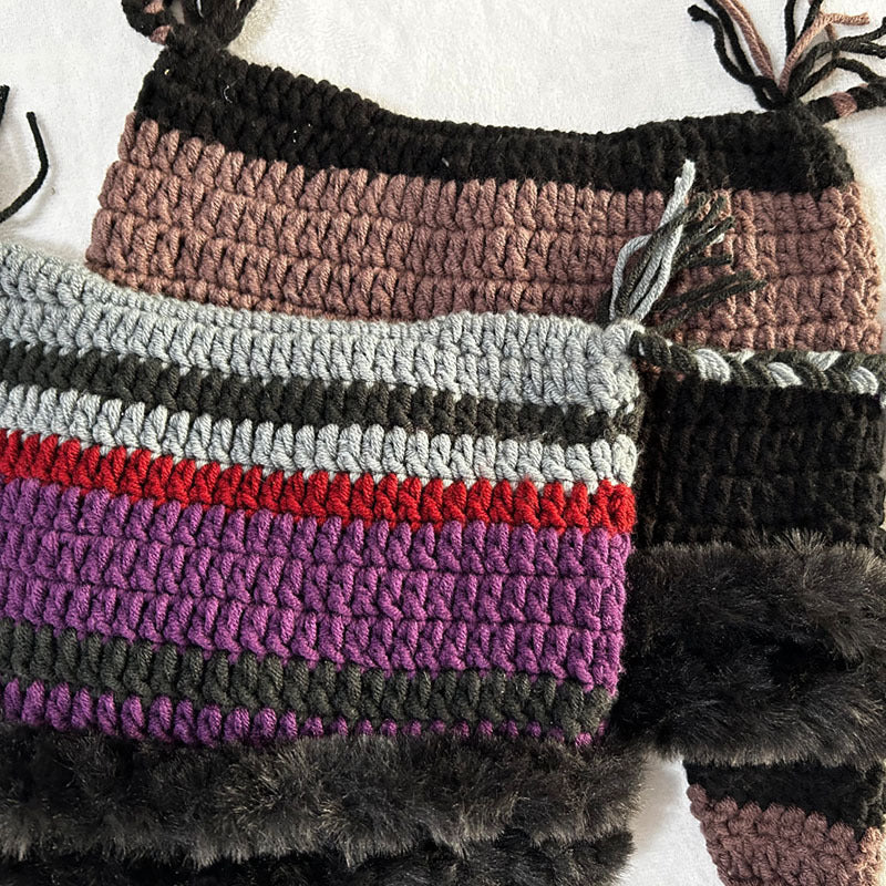 Cat Ear Striped Crochet Beanie With Tassels