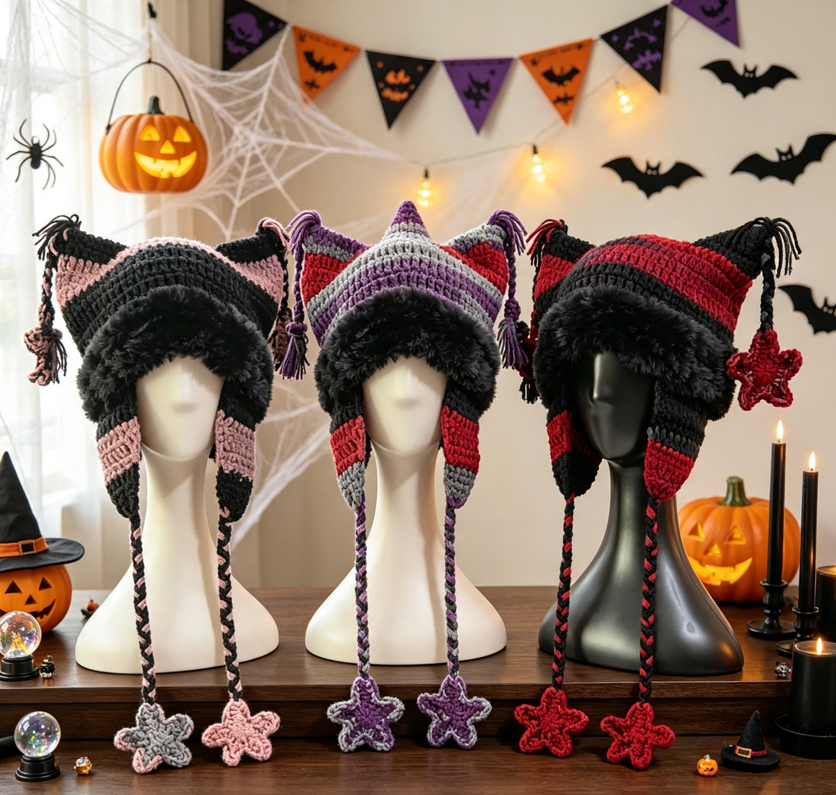Cat Ear Striped Crochet Beanie With Tassels - view 1