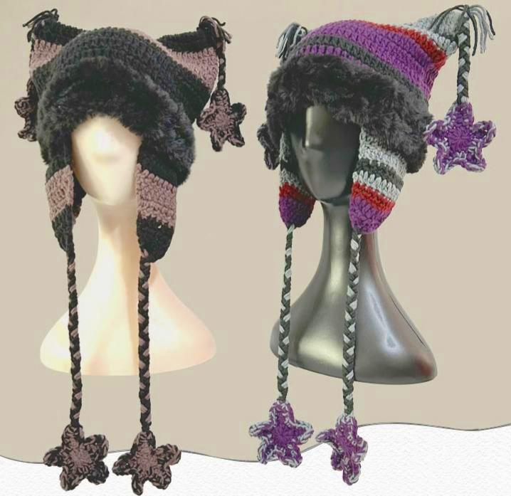 Cat Ear Striped Crochet Beanie With Tassels - view 2