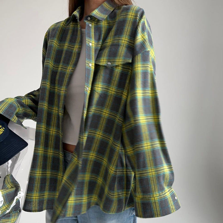 Oversized Plaid Long Sleeve Flannel Shirt - Color_01
