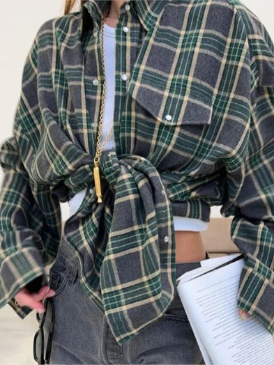 Oversized Plaid Long Sleeve Flannel Shirt - Color_04