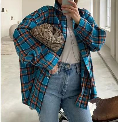 Oversized Plaid Long Sleeve Flannel Shirt - Color_12
