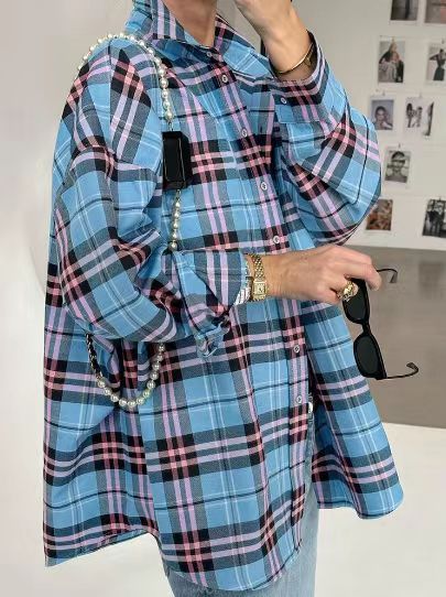 Oversized Plaid Long Sleeve Flannel Shirt - Color_13