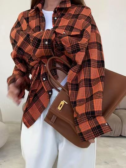 Oversized Plaid Long Sleeve Flannel Shirt - Color_14