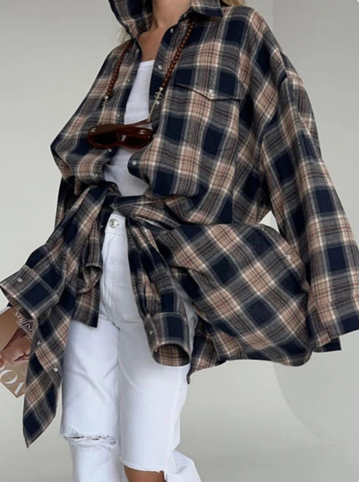 Oversized Plaid Long Sleeve Flannel Shirt - Color_15