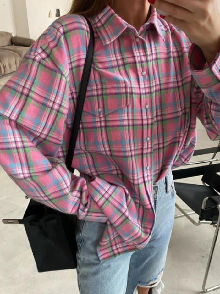 Oversized Plaid Long Sleeve Flannel Shirt - Color_19