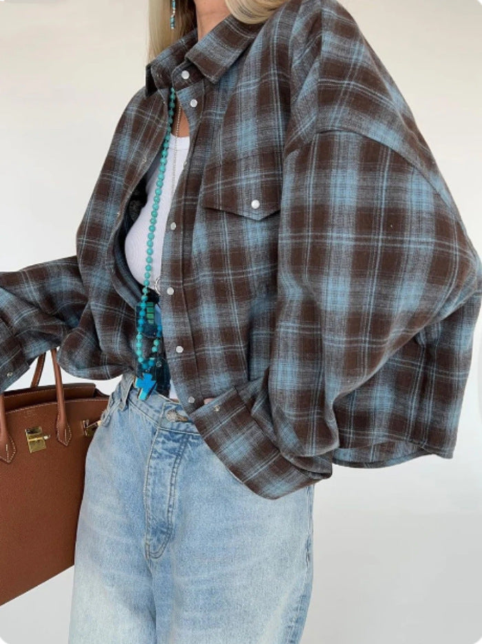 Oversized Plaid Long Sleeve Flannel Shirt - Color_21