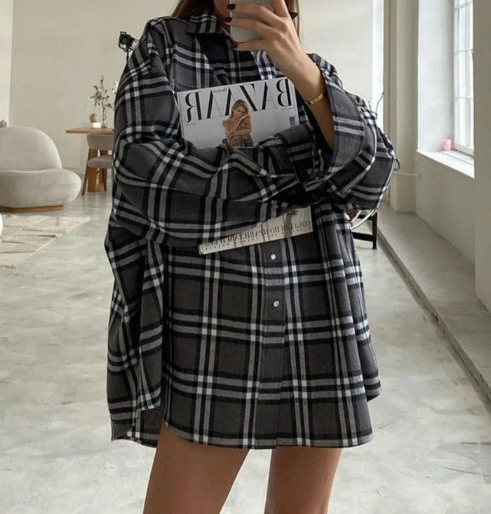 Oversized Plaid Long Sleeve Flannel Shirt - Color_22