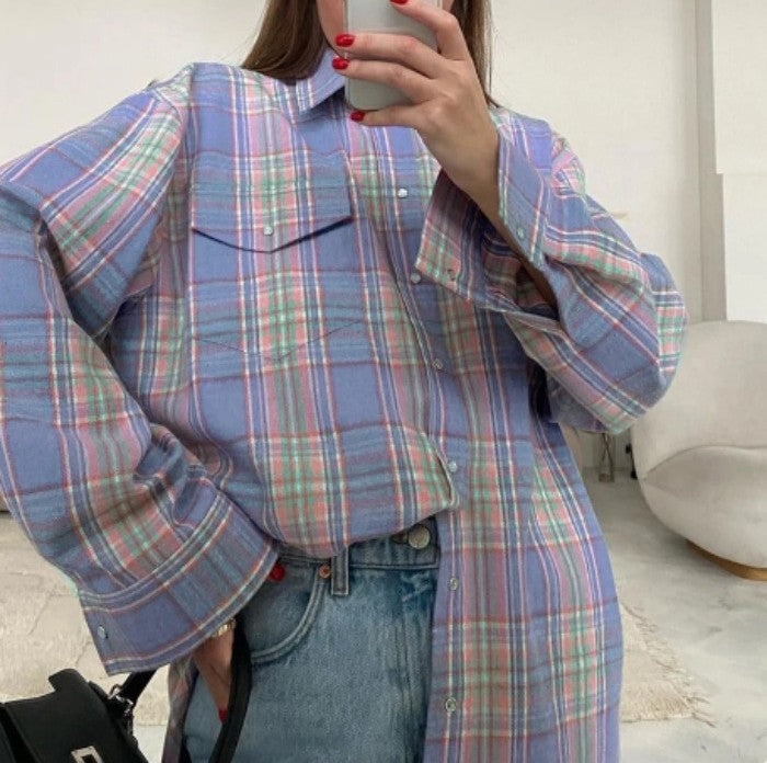 Oversized Plaid Long Sleeve Flannel Shirt - Color_26