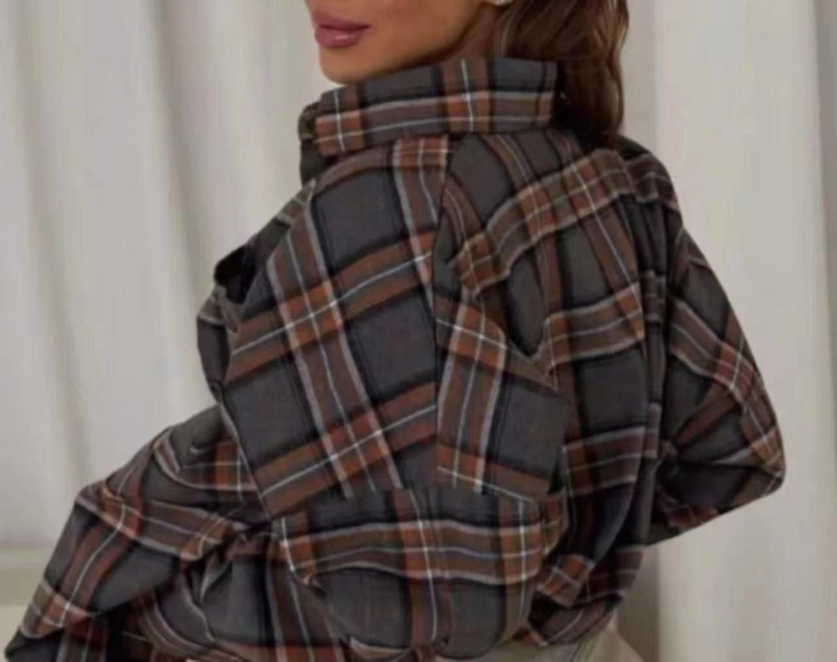 Oversized Plaid Long Sleeve Flannel Shirt - Color_28