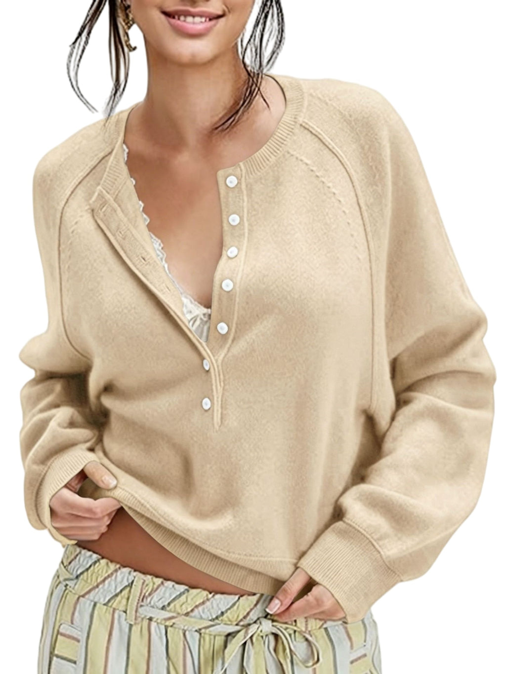 Half Button Henley Raglan Knit Sweater - Beige