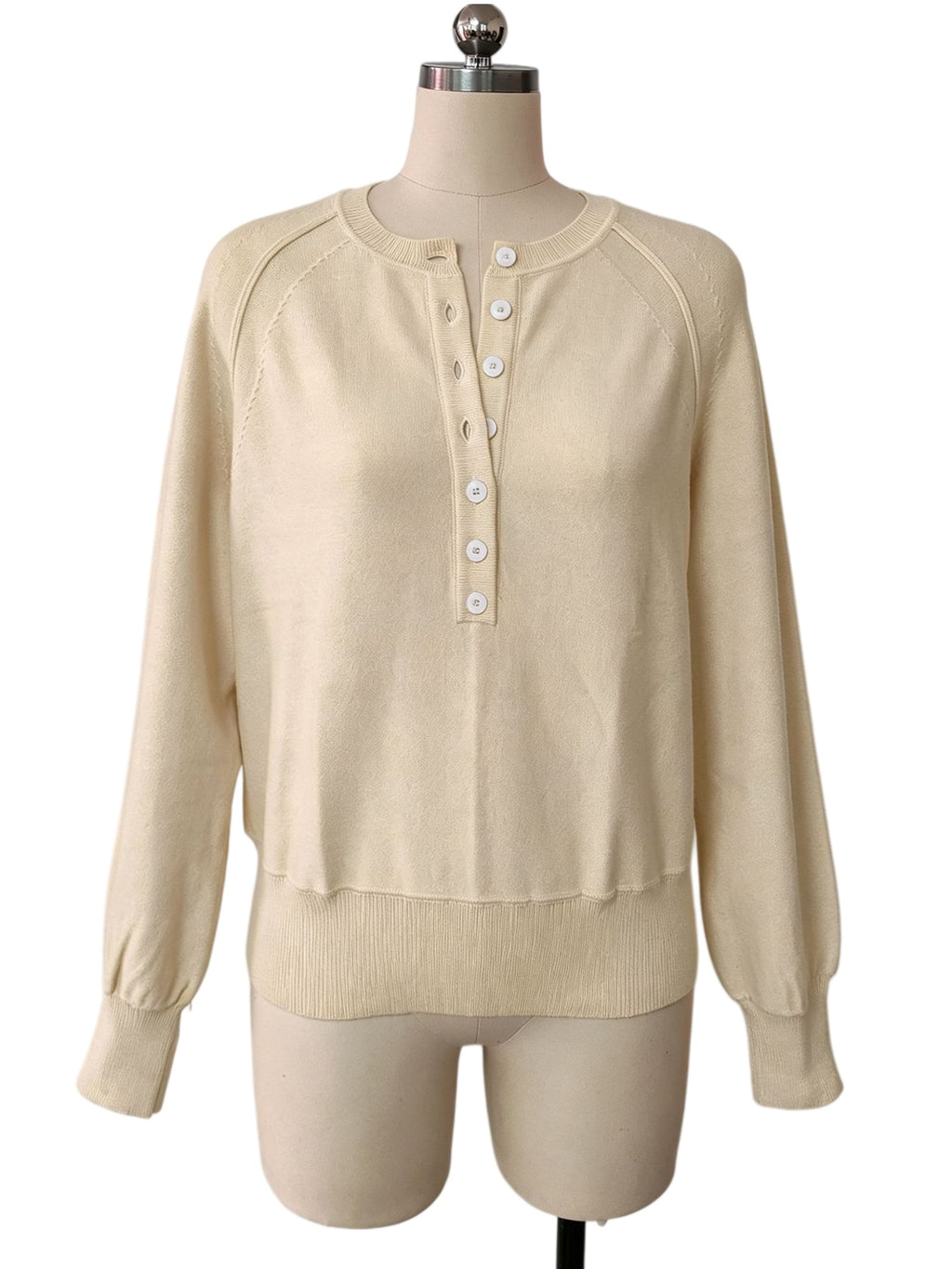 Half Button Henley Raglan Knit Sweater - Beige - 1