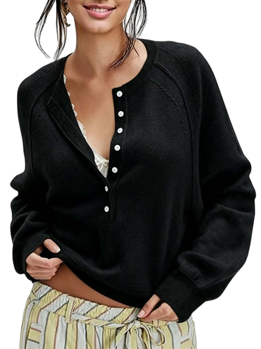 Half Button Henley Raglan Knit Sweater - Black