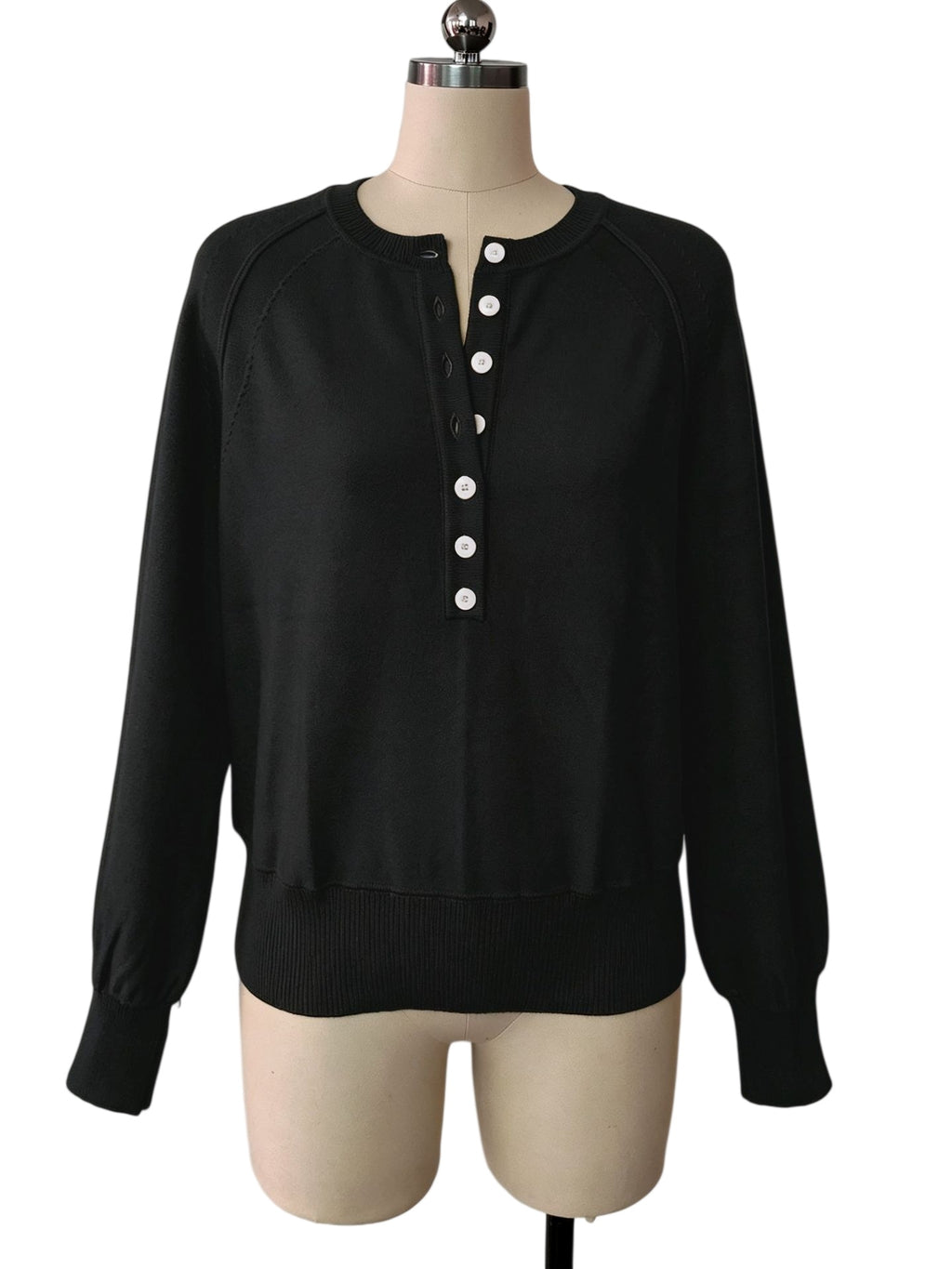 Half Button Henley Raglan Knit Sweater - Black - 1