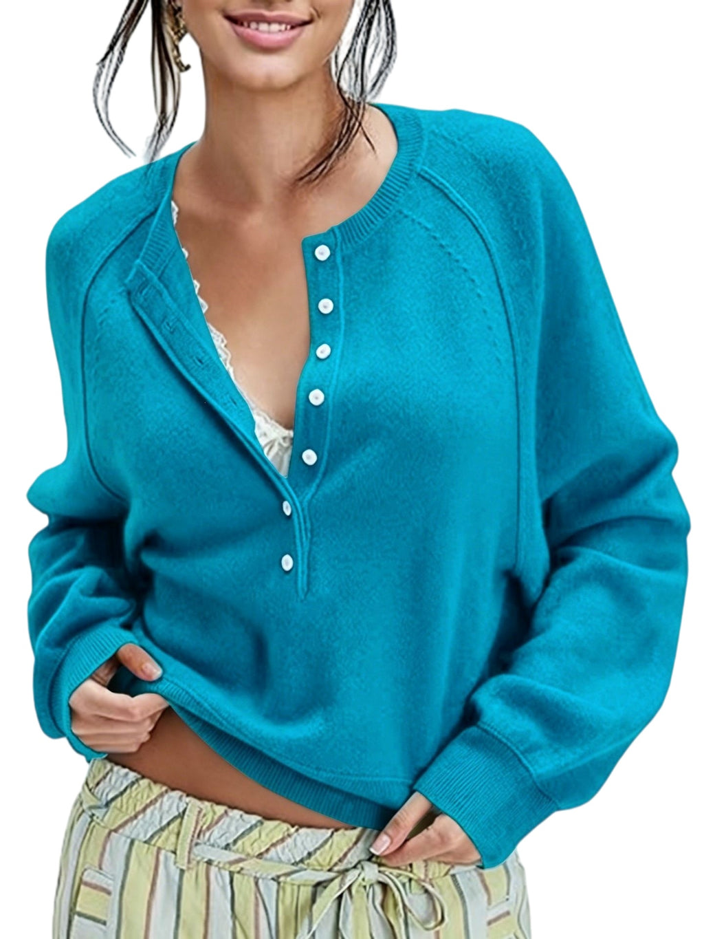 Half Button Henley Raglan Knit Sweater - Blue