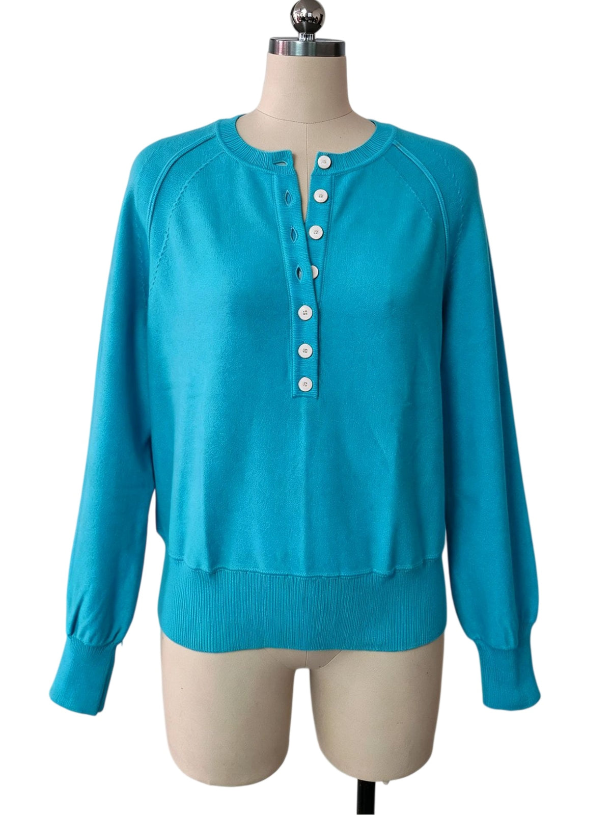 Half Button Henley Raglan Knit Sweater - Blue - 1