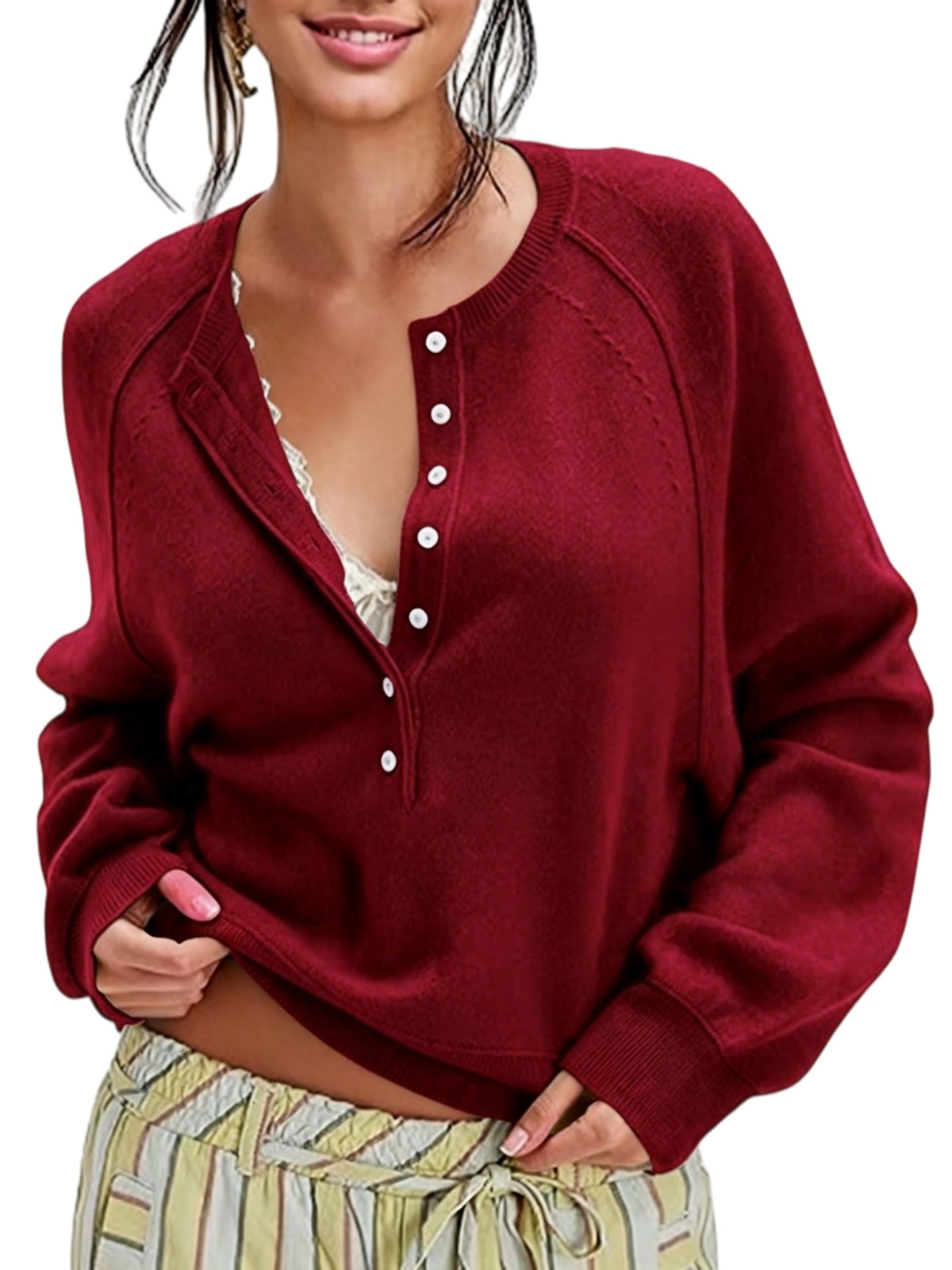 Half Button Henley Raglan Knit Sweater - Burgundy
