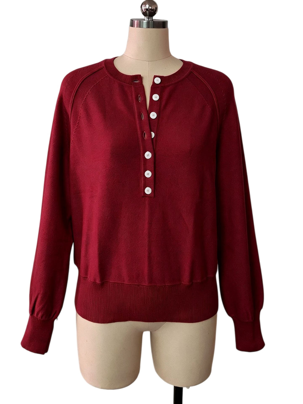Half Button Henley Raglan Knit Sweater - Burgundy - 1
