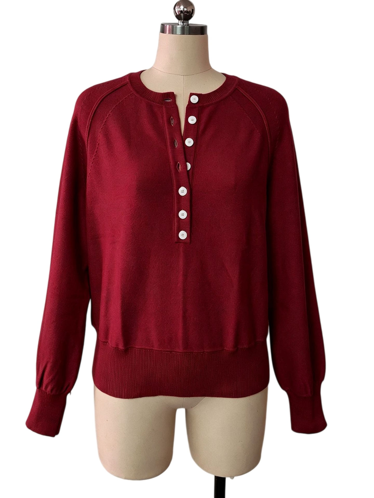 Half Button Henley Raglan Knit Sweater - Burgundy - 1