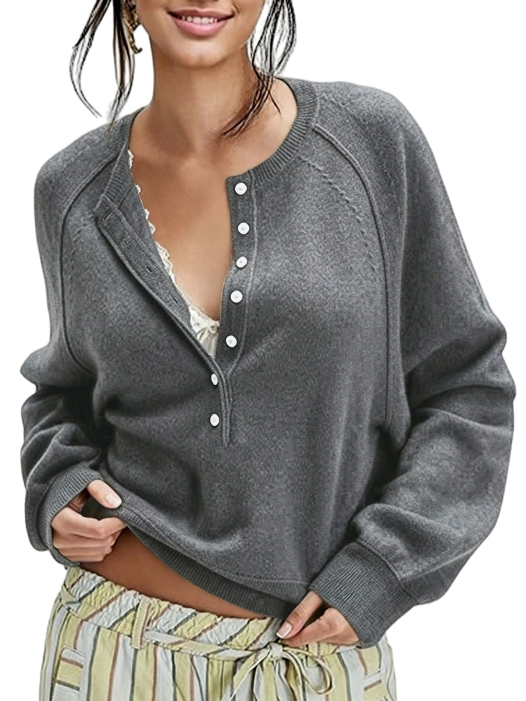 Half Button Henley Raglan Knit Sweater - Grey
