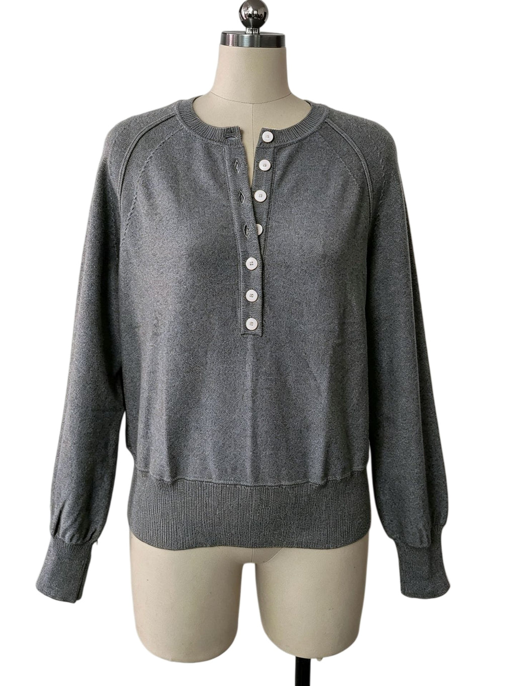 Half Button Henley Raglan Knit Sweater - Grey - 1