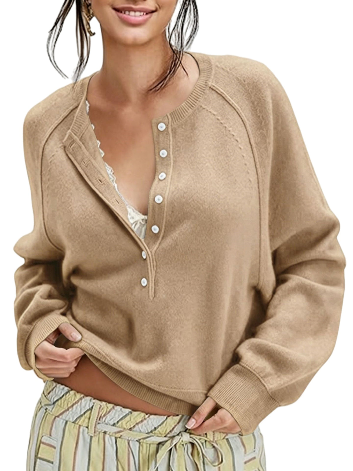 Half Button Henley Raglan Knit Sweater - Khaki