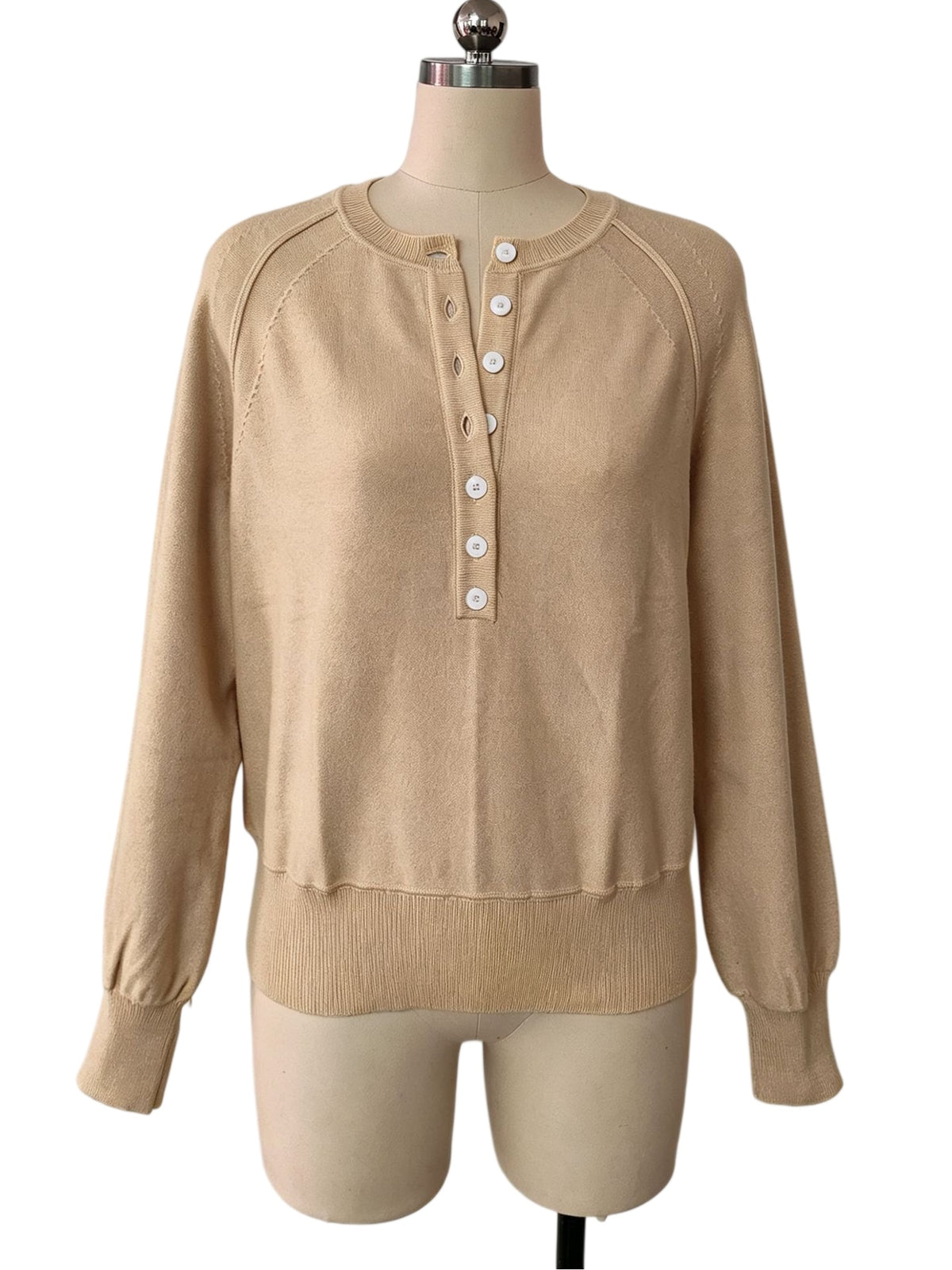 Half Button Henley Raglan Knit Sweater - Khaki - 1