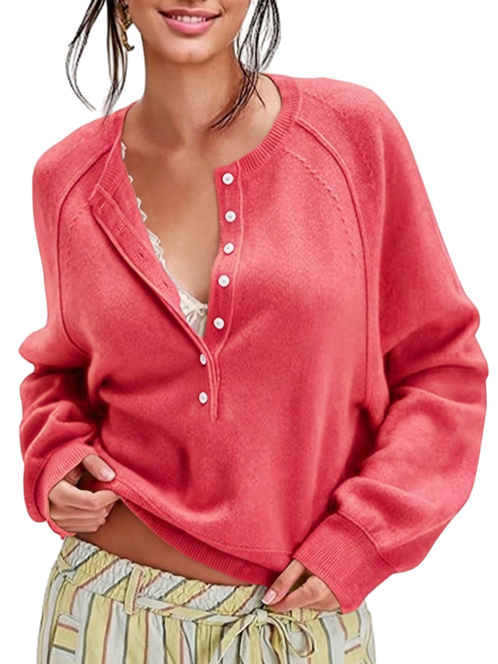 Half Button Henley Raglan Knit Sweater - LightRed