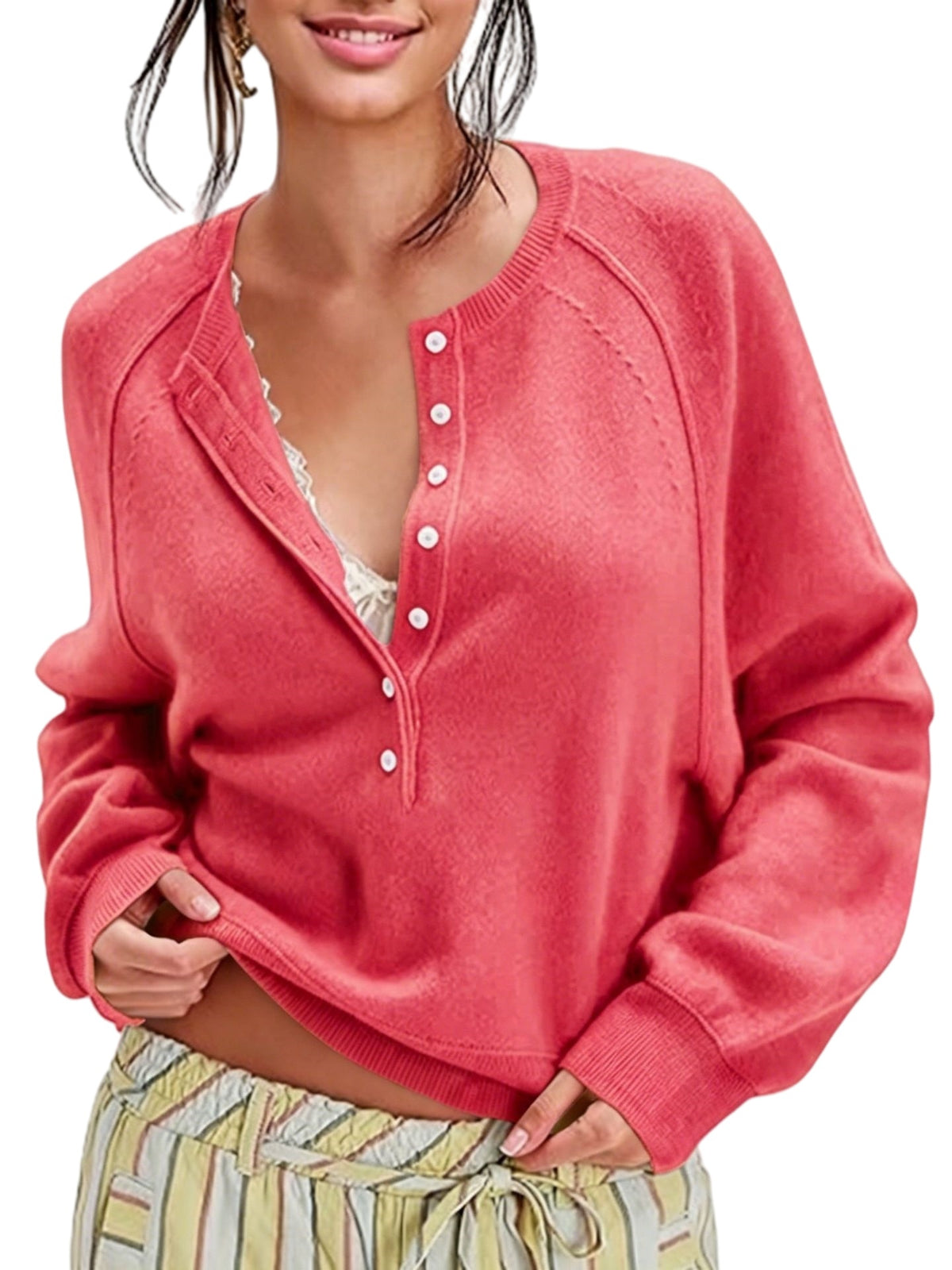 Half Button Henley Raglan Knit Sweater - LightRed