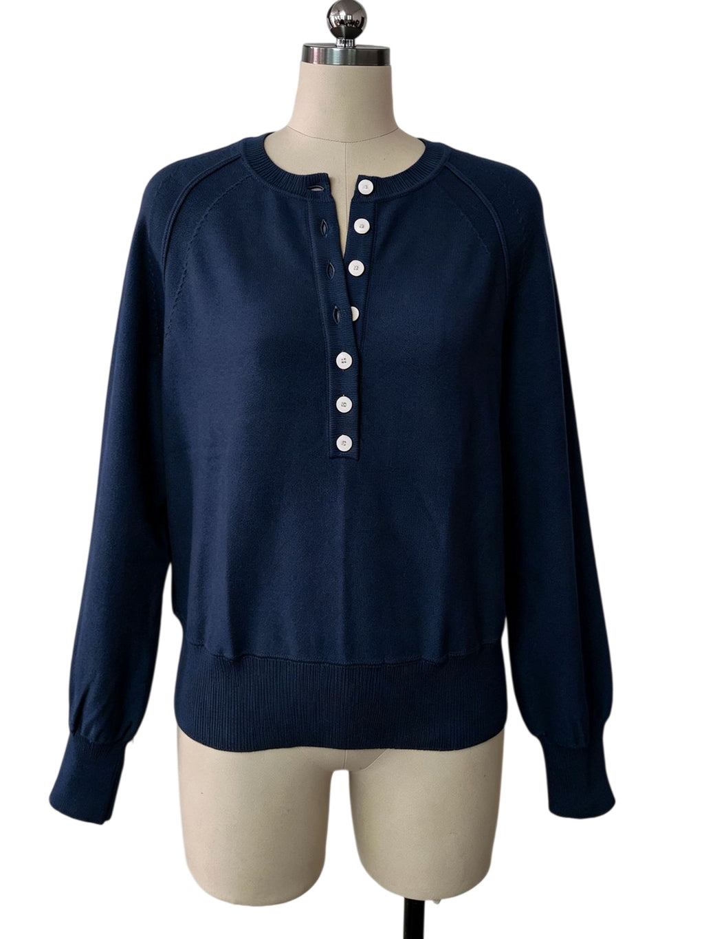 Half Button Henley Raglan Knit Sweater - Navy - 1