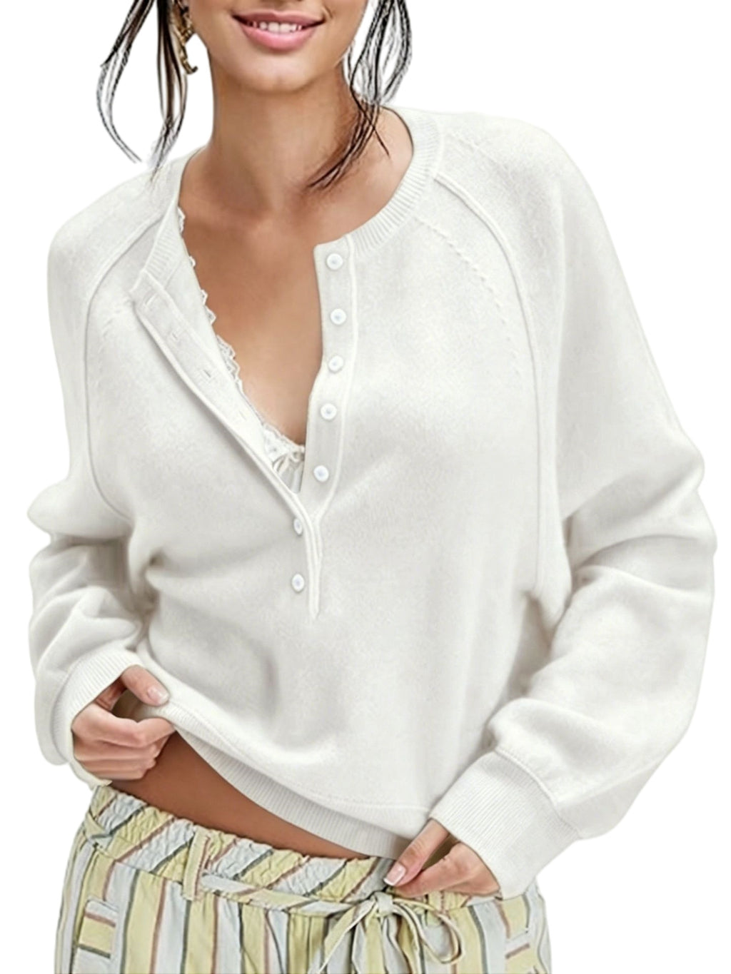 Half Button Henley Raglan Knit Sweater - White