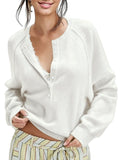 Half Button Henley Raglan Knit Sweater - White