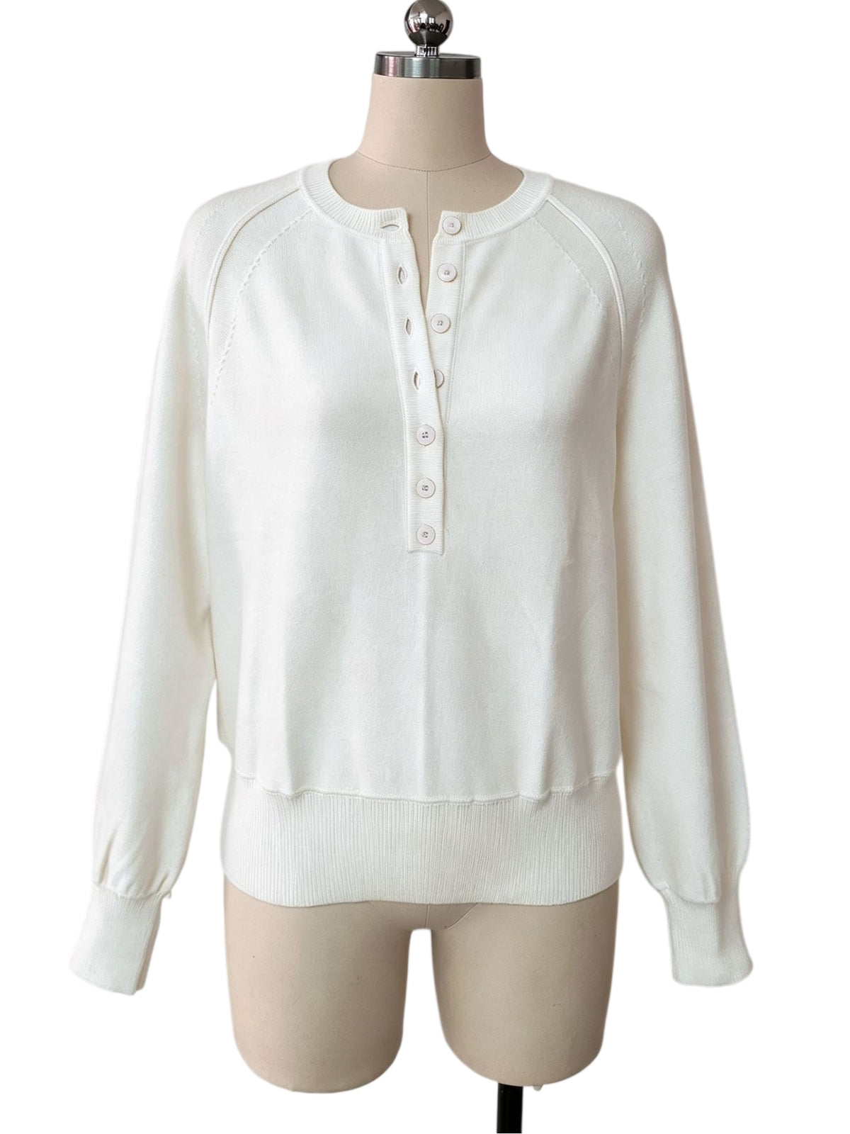 Half Button Henley Raglan Knit Sweater - White - 1