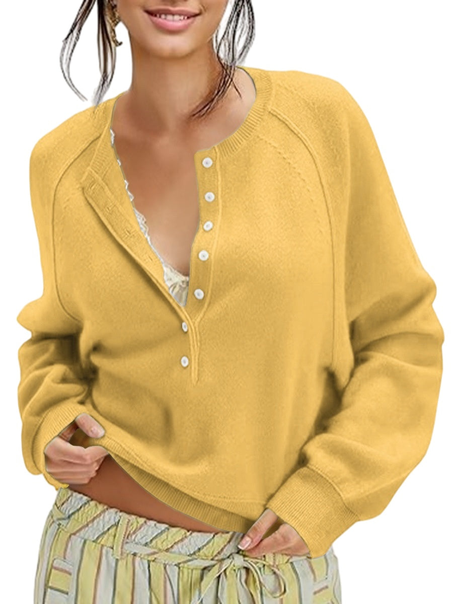 Half Button Henley Raglan Knit Sweater - Yellow