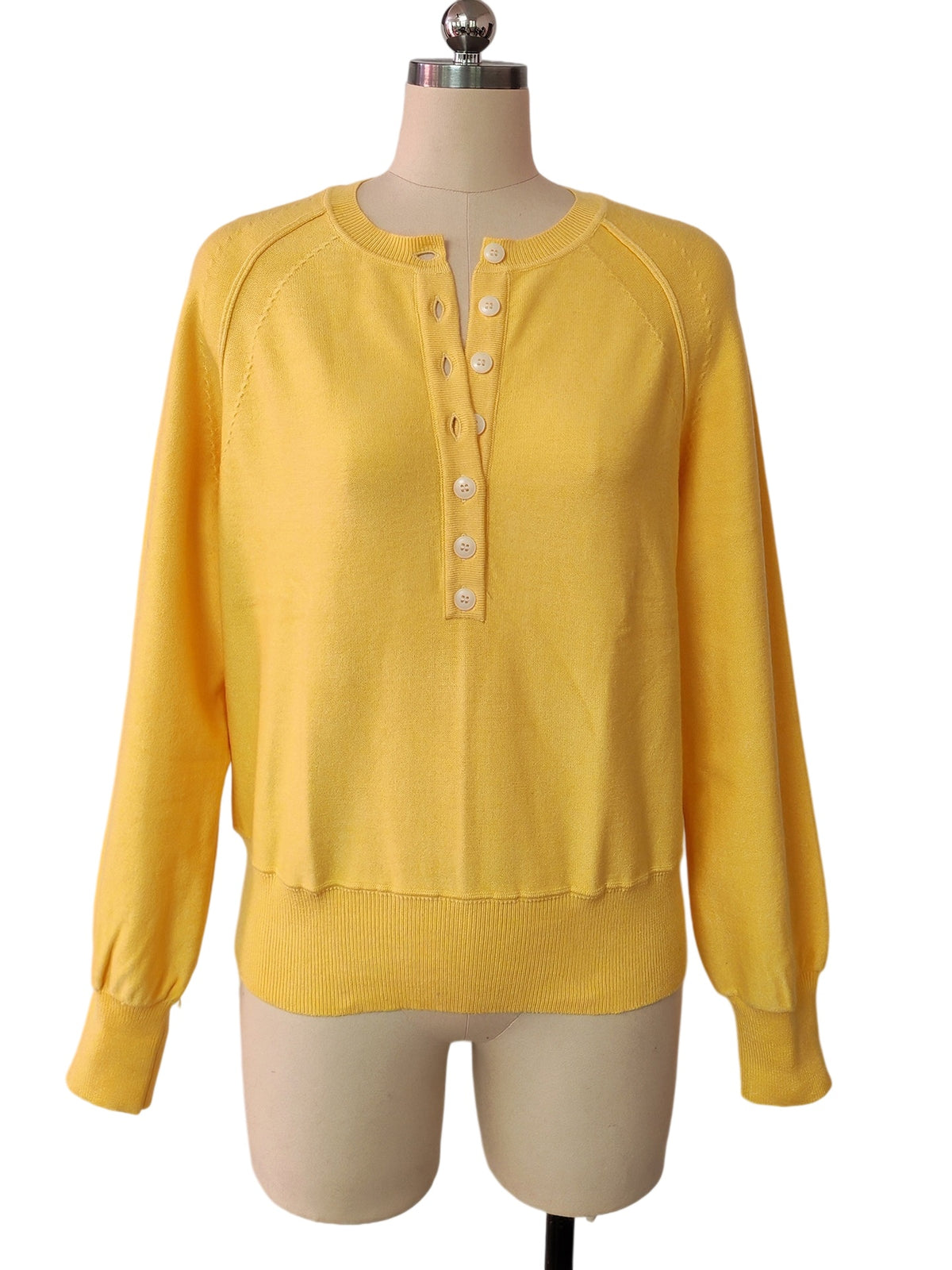 Half Button Henley Raglan Knit Sweater - Yellow - 1
