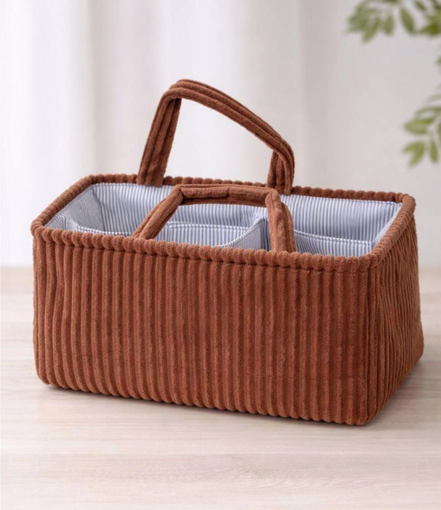 Corduroy Caddy Basket Striped Lining Carry Handles - Brown