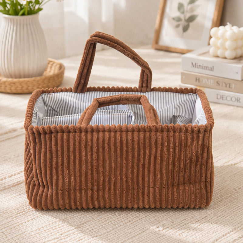 Corduroy Caddy Basket Striped Lining Carry Handles - Brown - 1