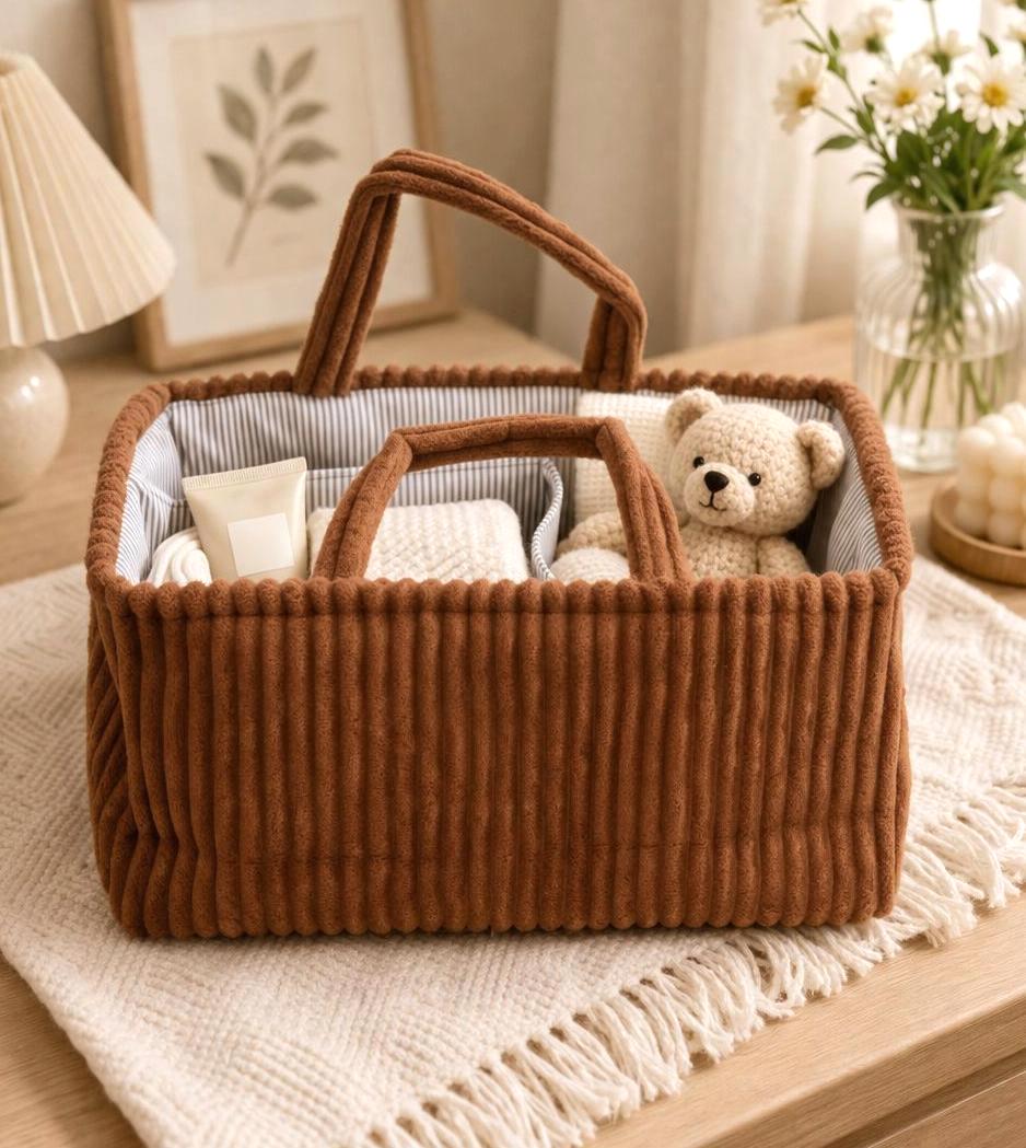 Corduroy Caddy Basket Striped Lining Carry Handles - Brown - 2