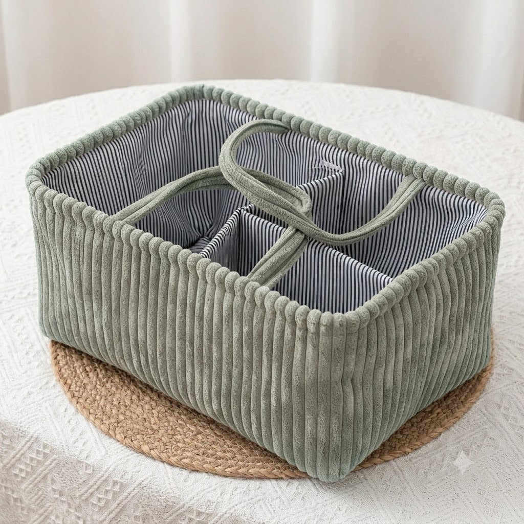Corduroy Caddy Basket Striped Lining Carry Handles - Green