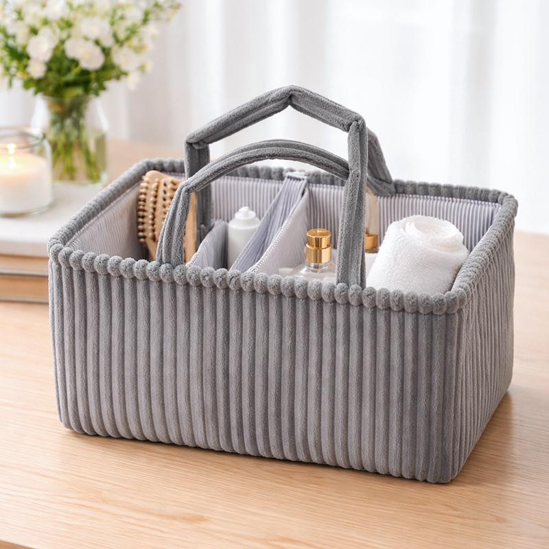 Corduroy Caddy Basket Striped Lining Carry Handles - Grey