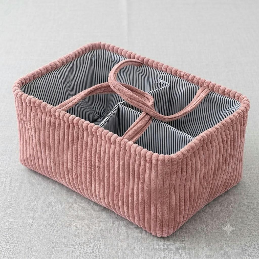Corduroy Caddy Basket Striped Lining Carry Handles - Pink