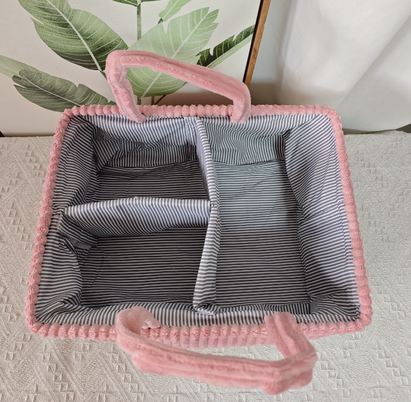 Corduroy Caddy Basket Striped Lining Carry Handles - Pink - 1