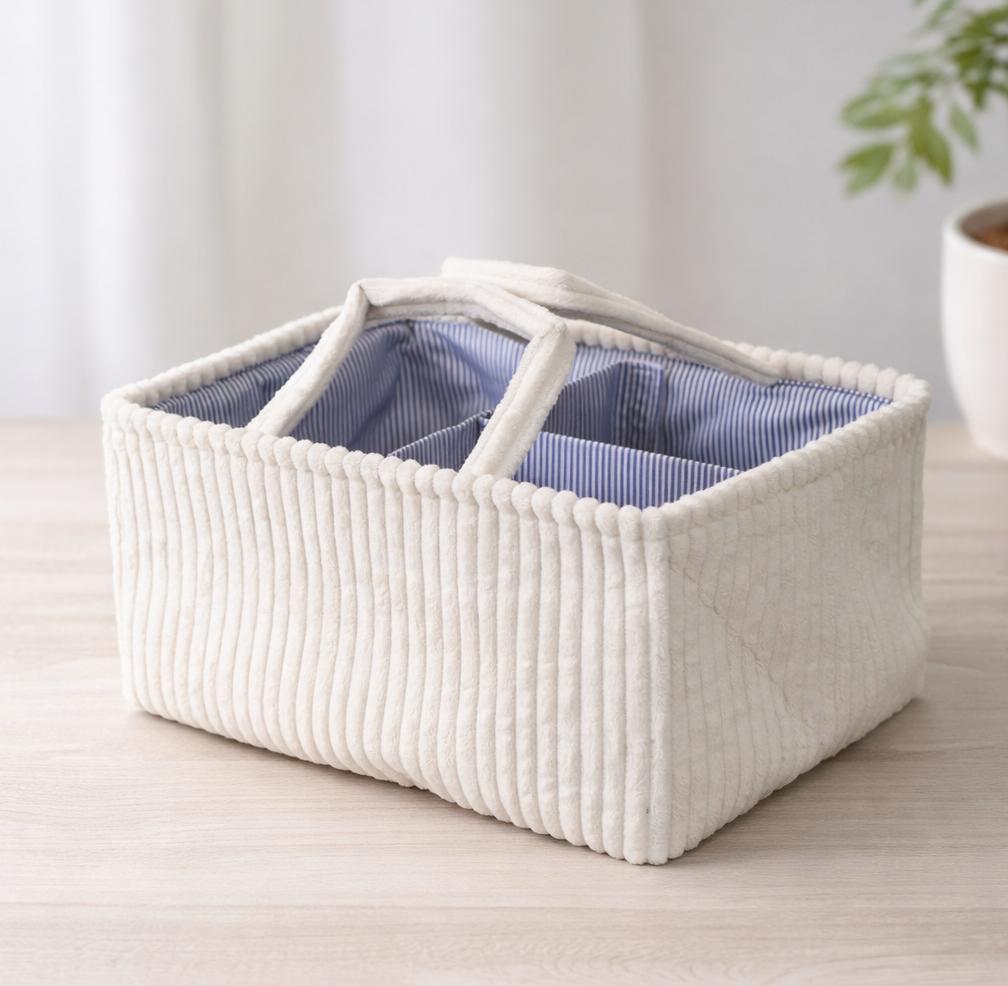 Corduroy Caddy Basket Striped Lining Carry Handles - White