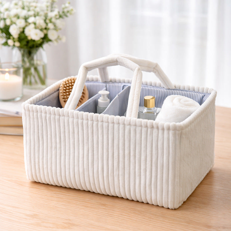 Corduroy Caddy Basket Striped Lining Carry Handles - White - 1