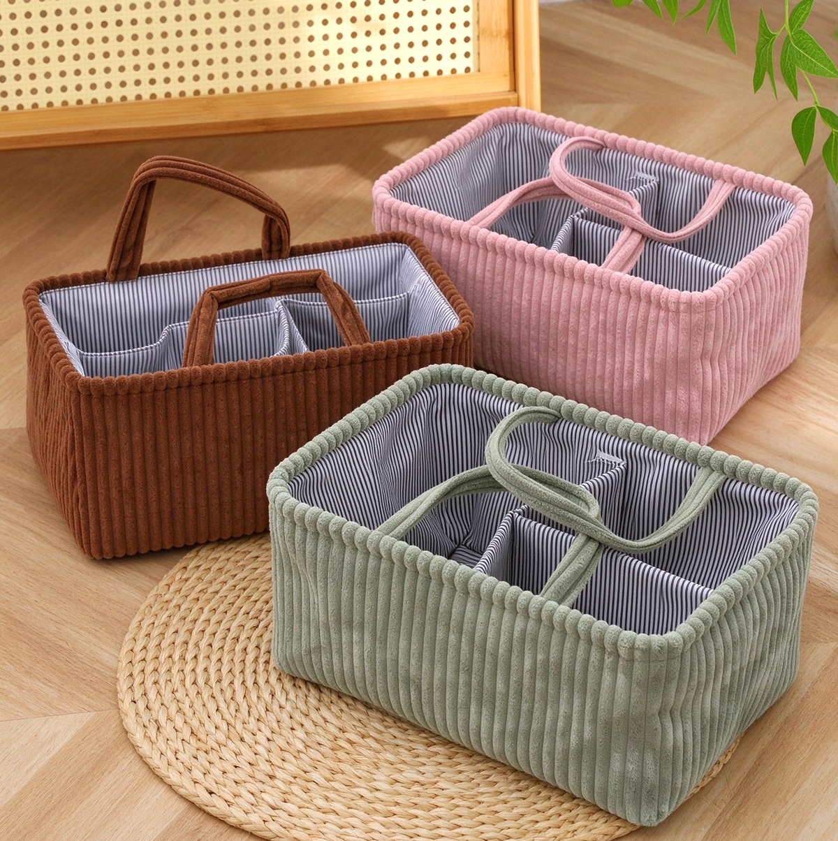 Corduroy Caddy Basket Striped Lining Carry Handles - view 1