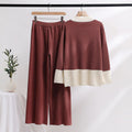 Colorblock Knit Sweater And Wide Leg Pant Set - Reddish brown