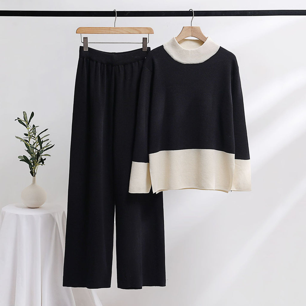 Colorblock Knit Sweater And Wide Leg Pant Set - black