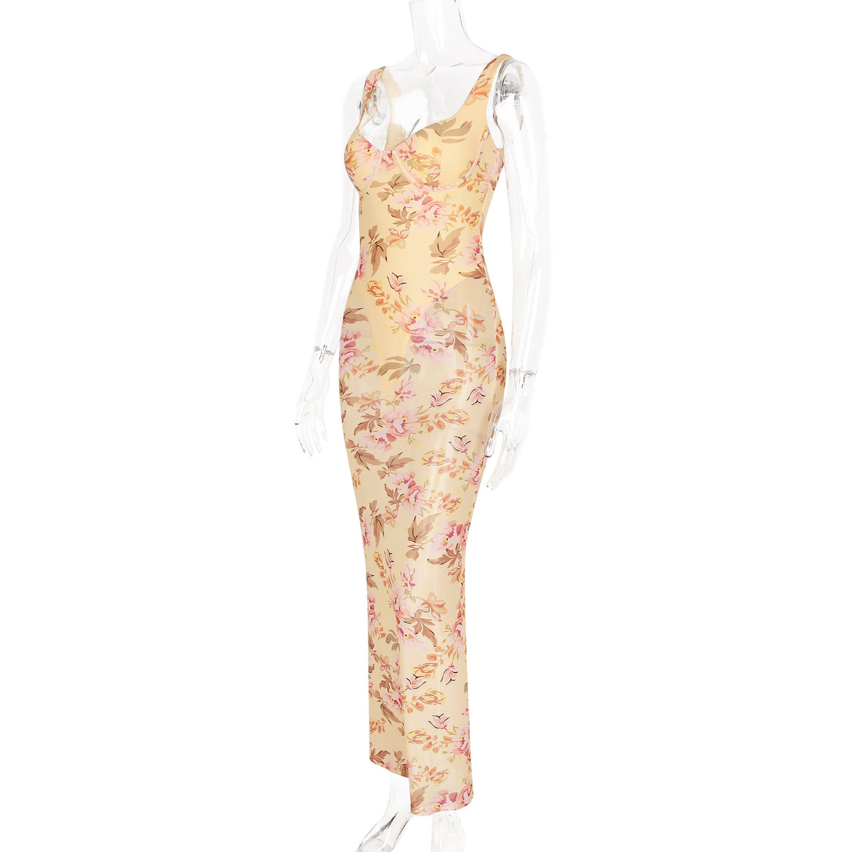 Floral Mesh Bodycon Maxi Slip Dress - Apricot