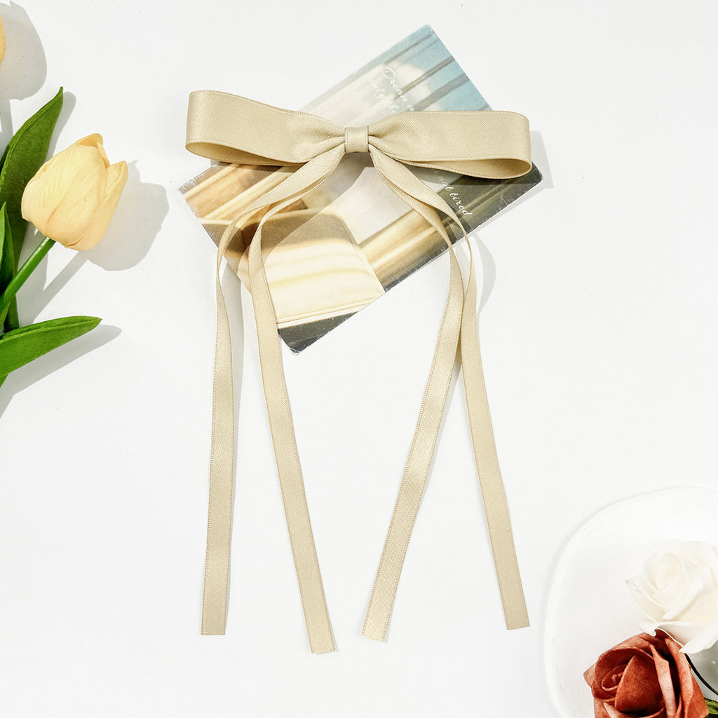 Skinny Satin Ribbon Streamer Bow Hair Clip - Beige