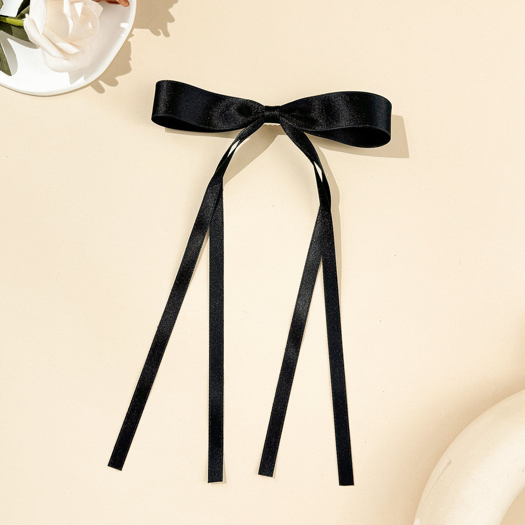 Skinny Satin Ribbon Streamer Bow Hair Clip - Black